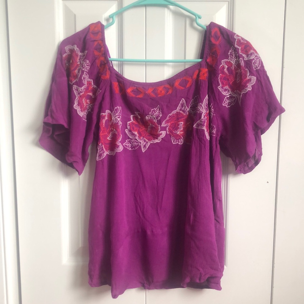 purple floral blouse